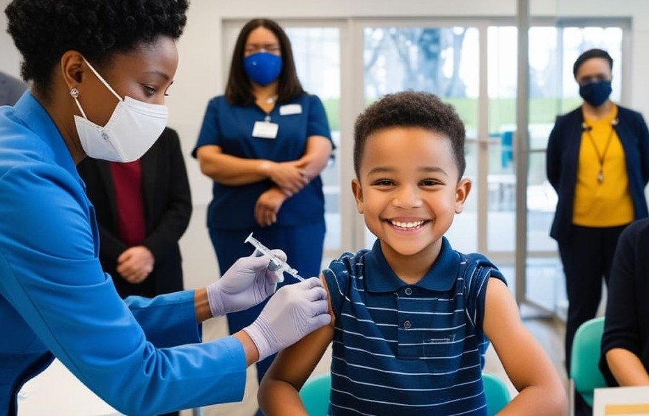 menino na campanha de vacinação sorrindo ao ser vacinado